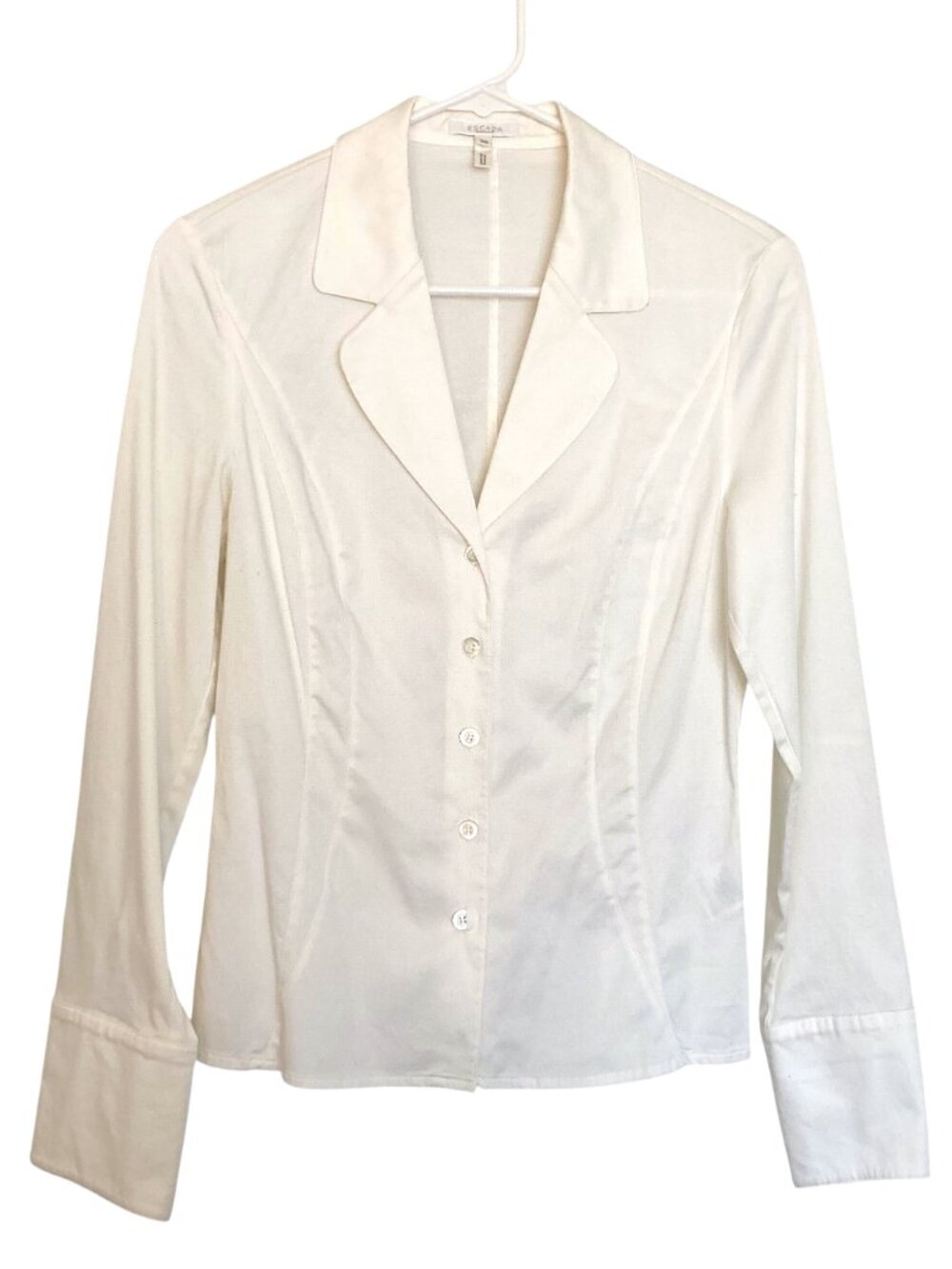 ESCADA Seamed Stretch Cotton Blouse Lapel Collar 3-Button Cuffs Size 6 Ivory